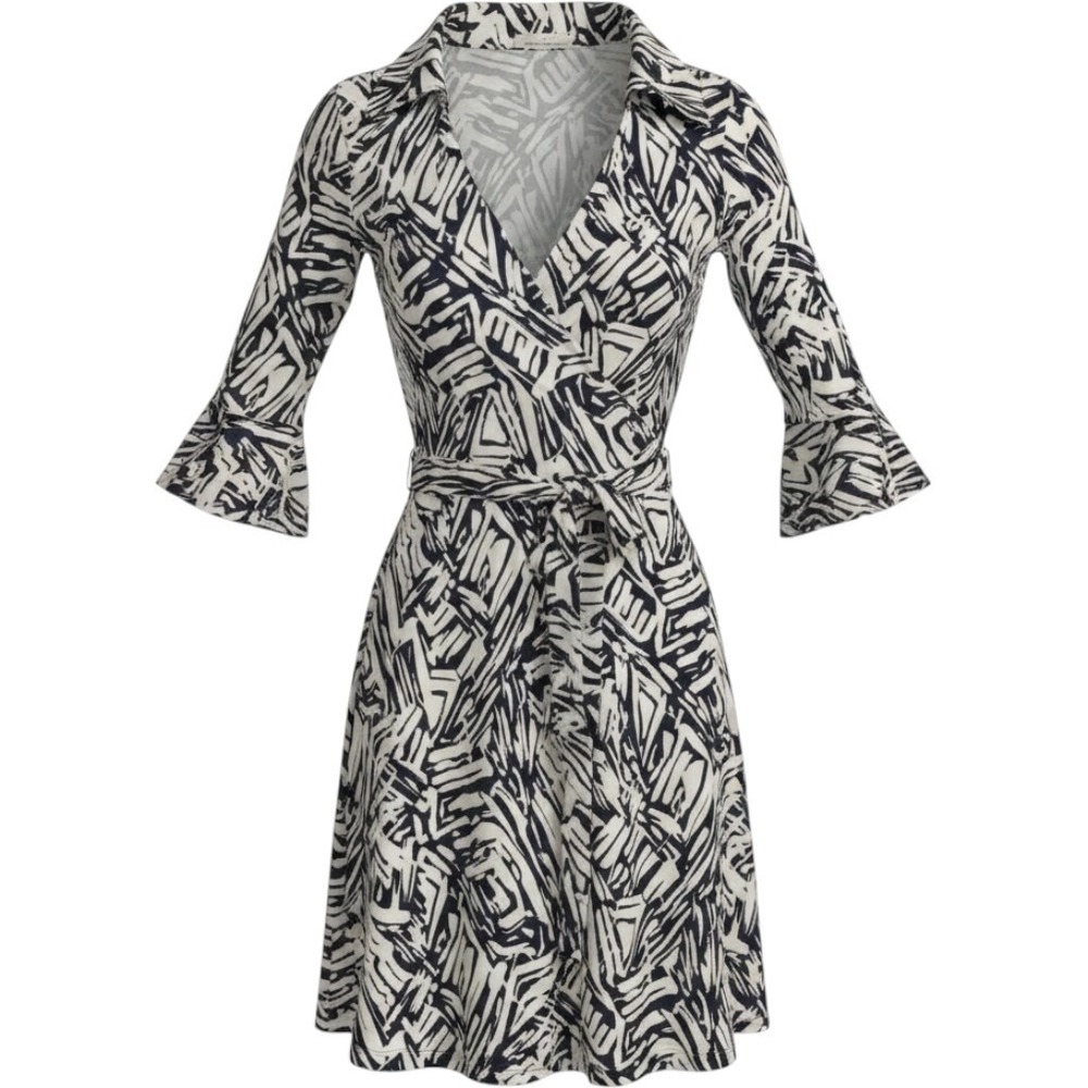 Forever 21 Navy Blue White Abstract Geometric Bell Sleeve Wrap Dress Medium